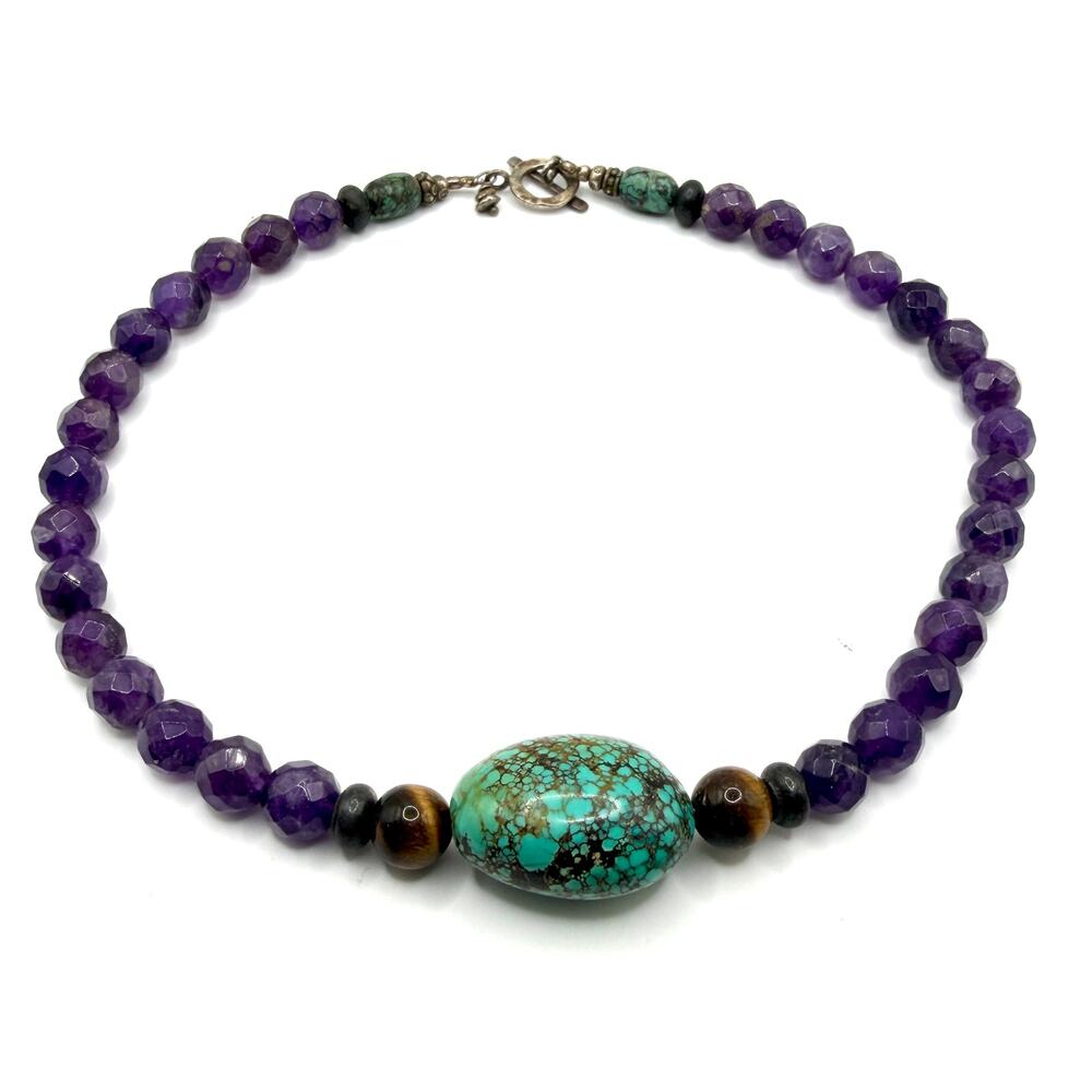 Vintage Y2K Purple Amethyst Turquoise Tiger Eye Boho Statement Bead Necklace